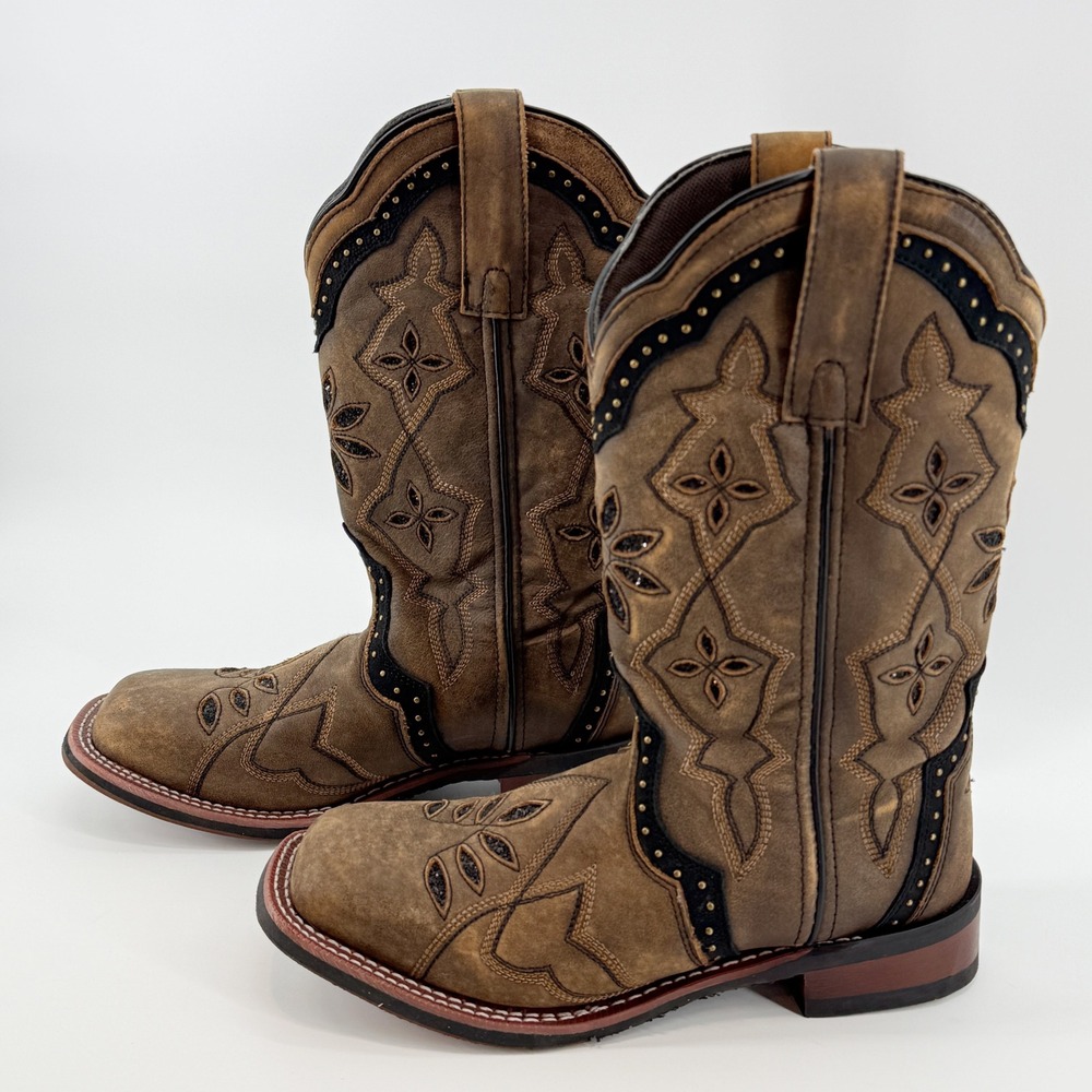 Laredo 5844 Womens Bouquet Square Toe Western Boot Honey Leather Studded 8 M - Picture 15 of 16